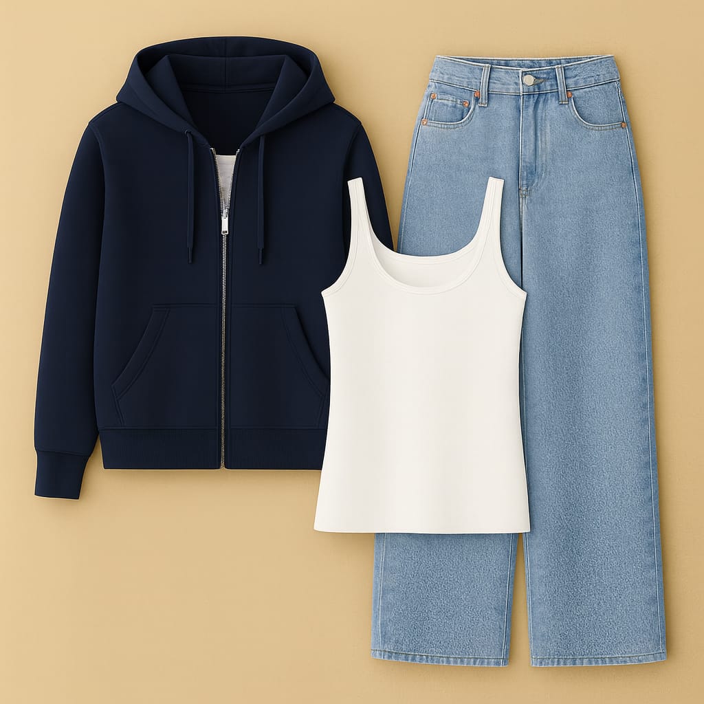 Zipper Hoodie With Inner & wide Leg Jeans