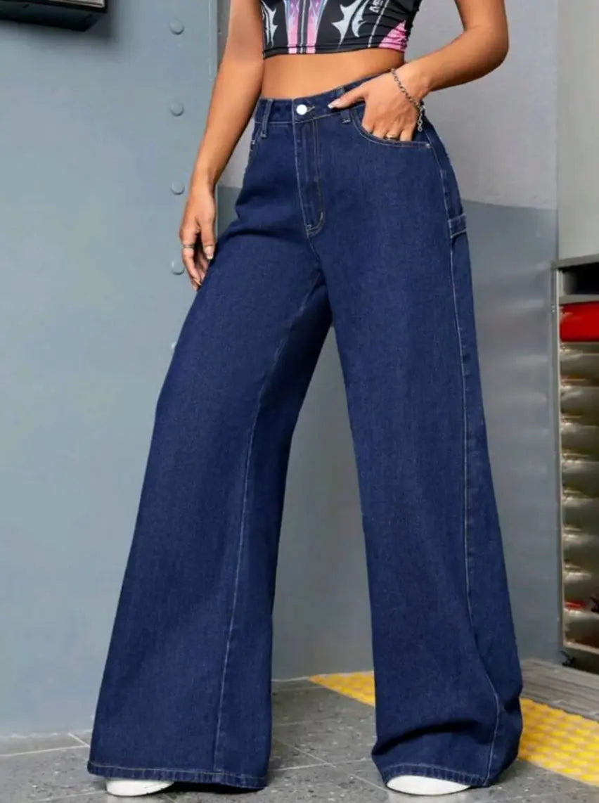 Wide-Leg Denim Jeans-Dark Blue