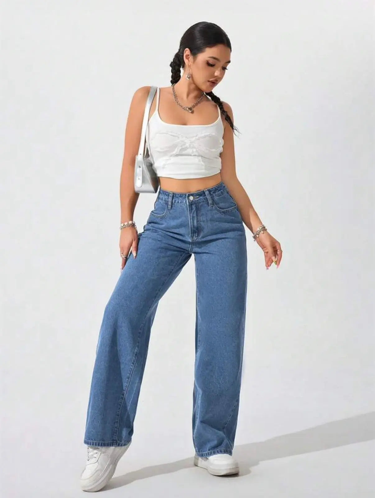 Blue Denim Wide-Leg Jeans