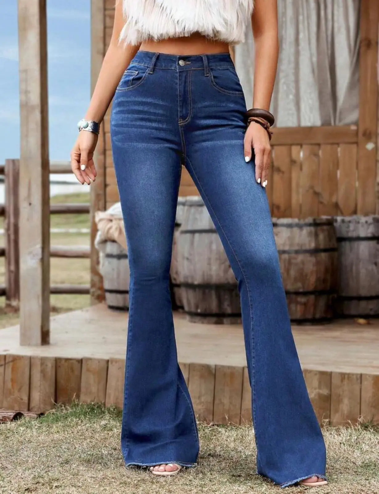 Bell Bottom Denim Jeans-Deep Mid-Blue