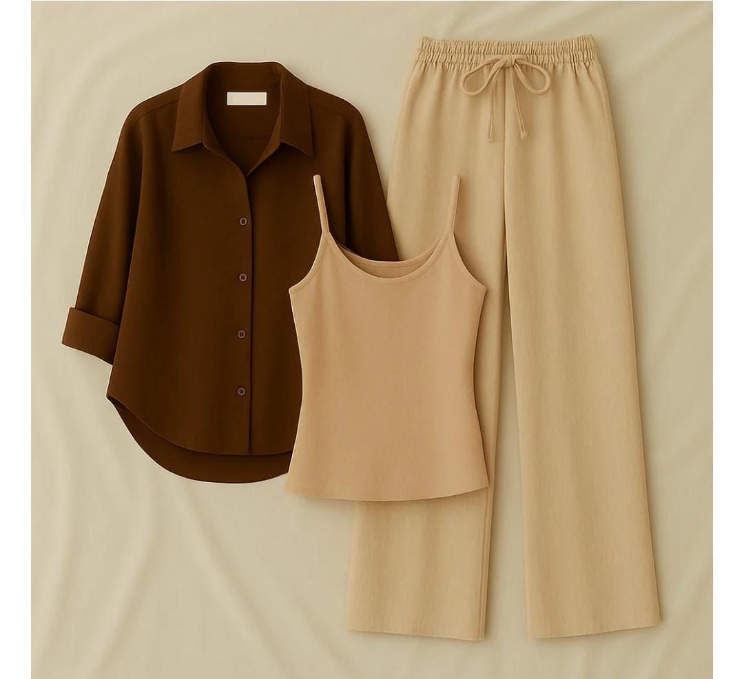 Brown Button Down Shirt With Inner & Beige Flapper Trouser