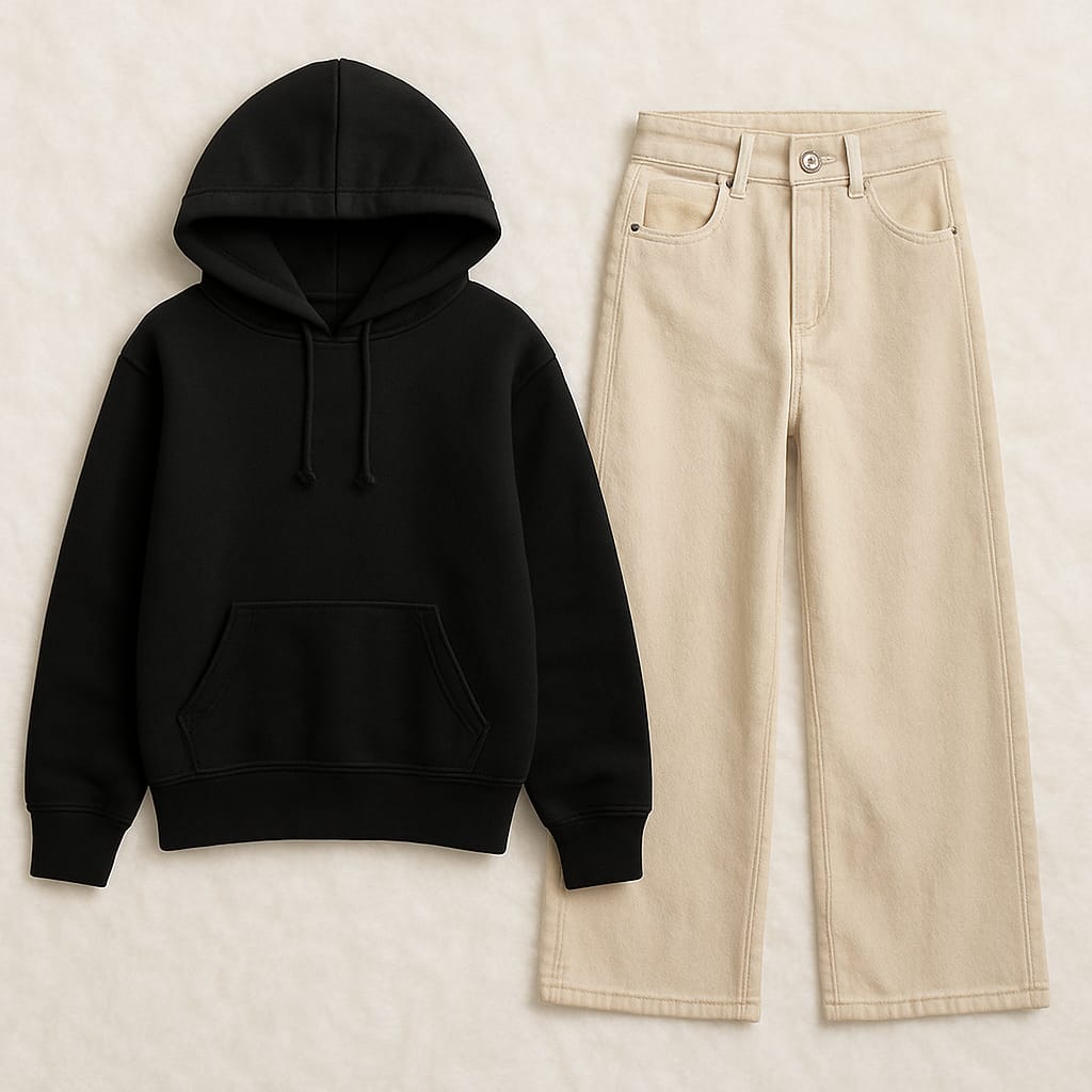 Hoodie with Beige Wide Leg Jeans