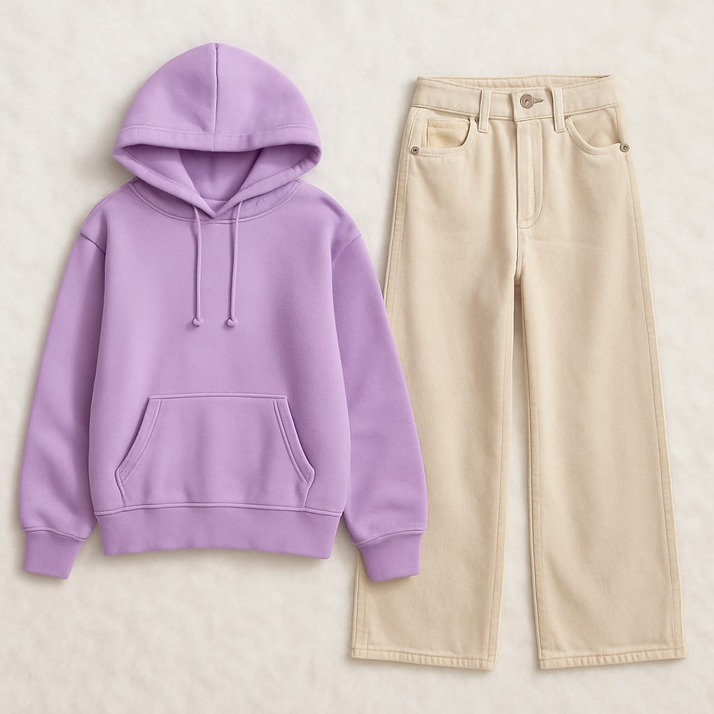 Hoodie with Beige Wide Leg Jeans