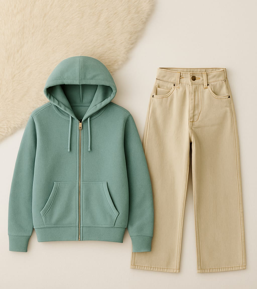 Zipper Hoodie with Beige Wide Leg Jeans