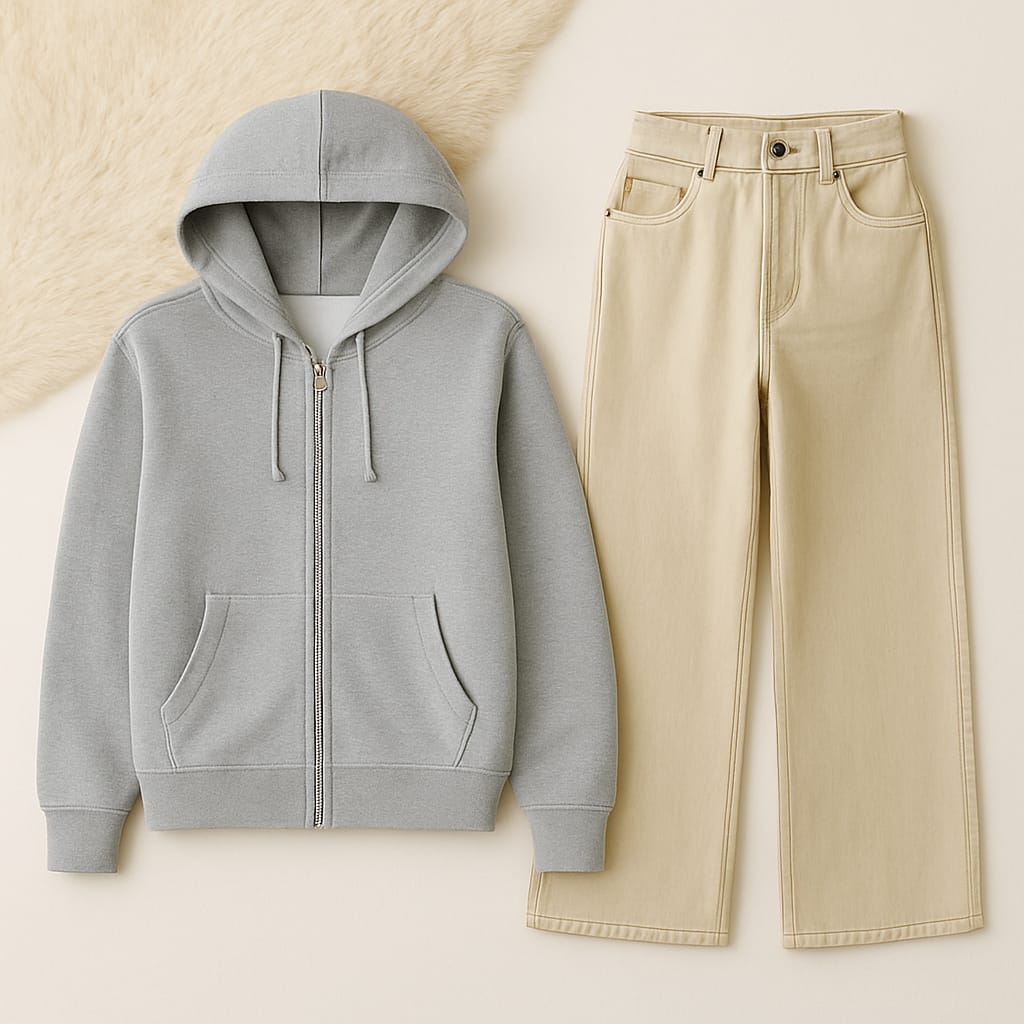 Zipper Hoodie with Beige Wide Leg Jeans