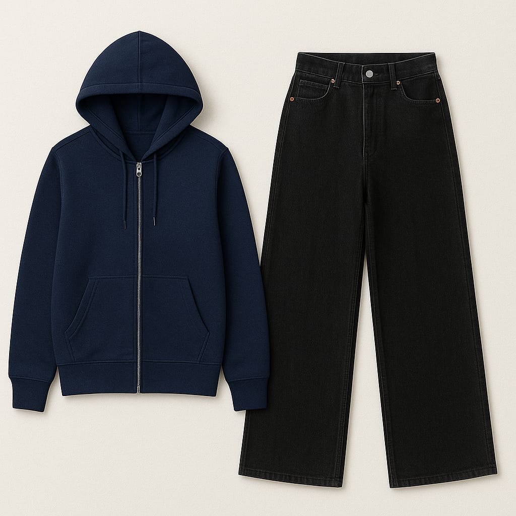 Zipper Hoodie with Black Wide Leg Jeans