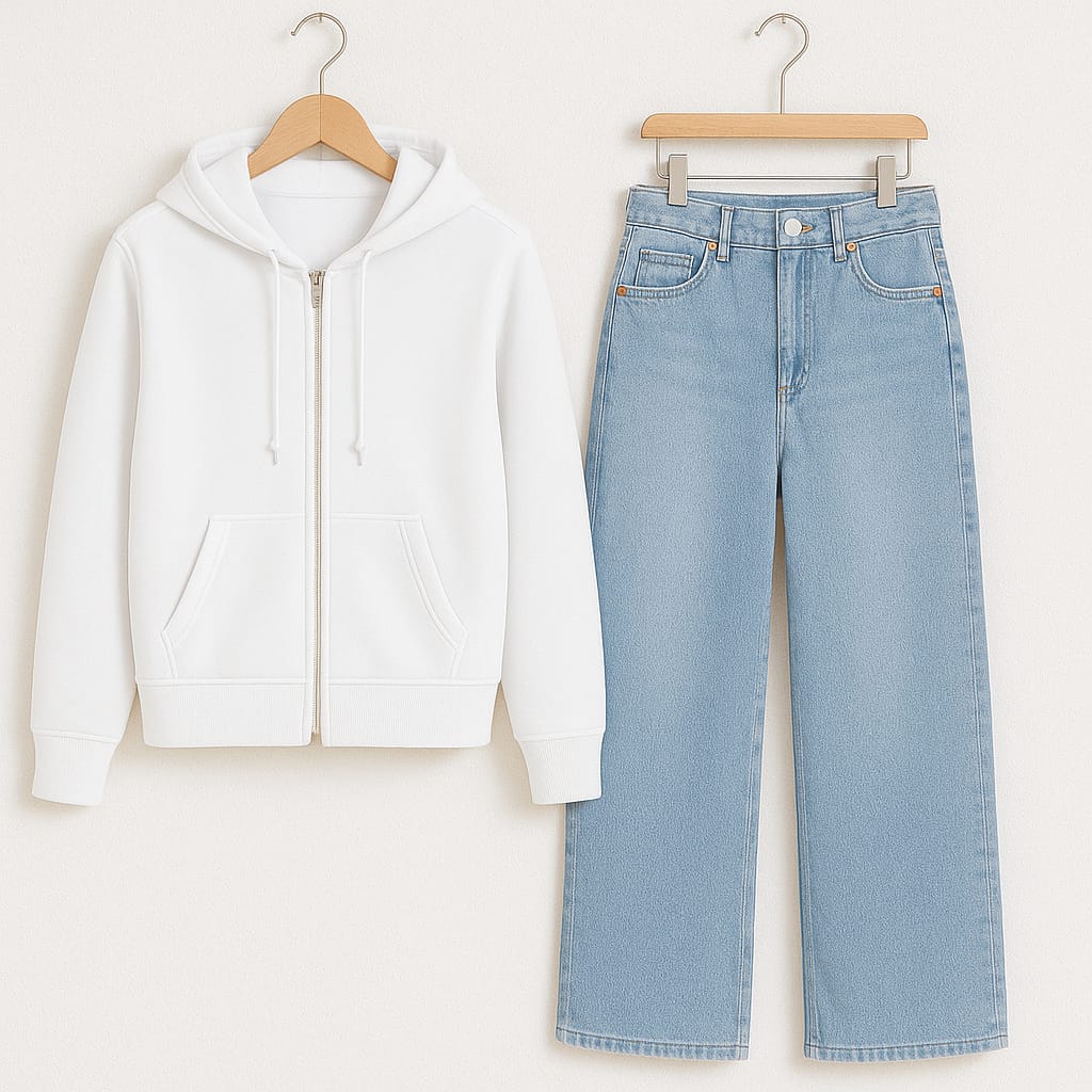 Zipper Hoodie With Iceblue Wide Leg Jeans