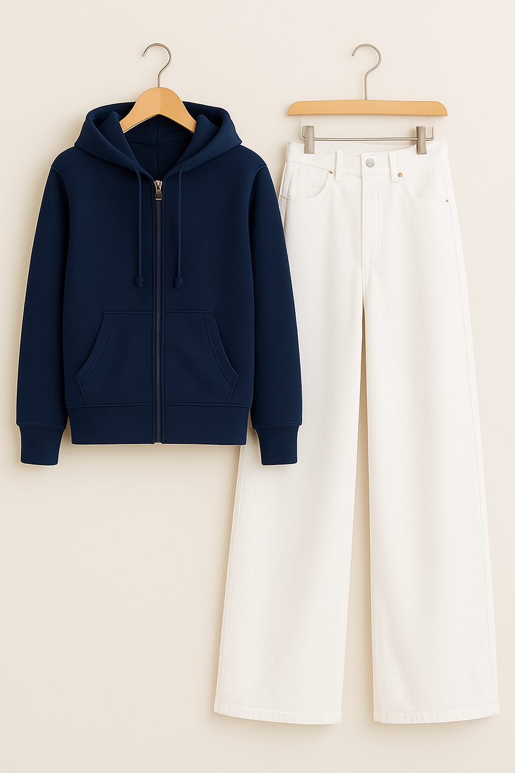 Zipper Hoodie With White Wide Leg Jeans