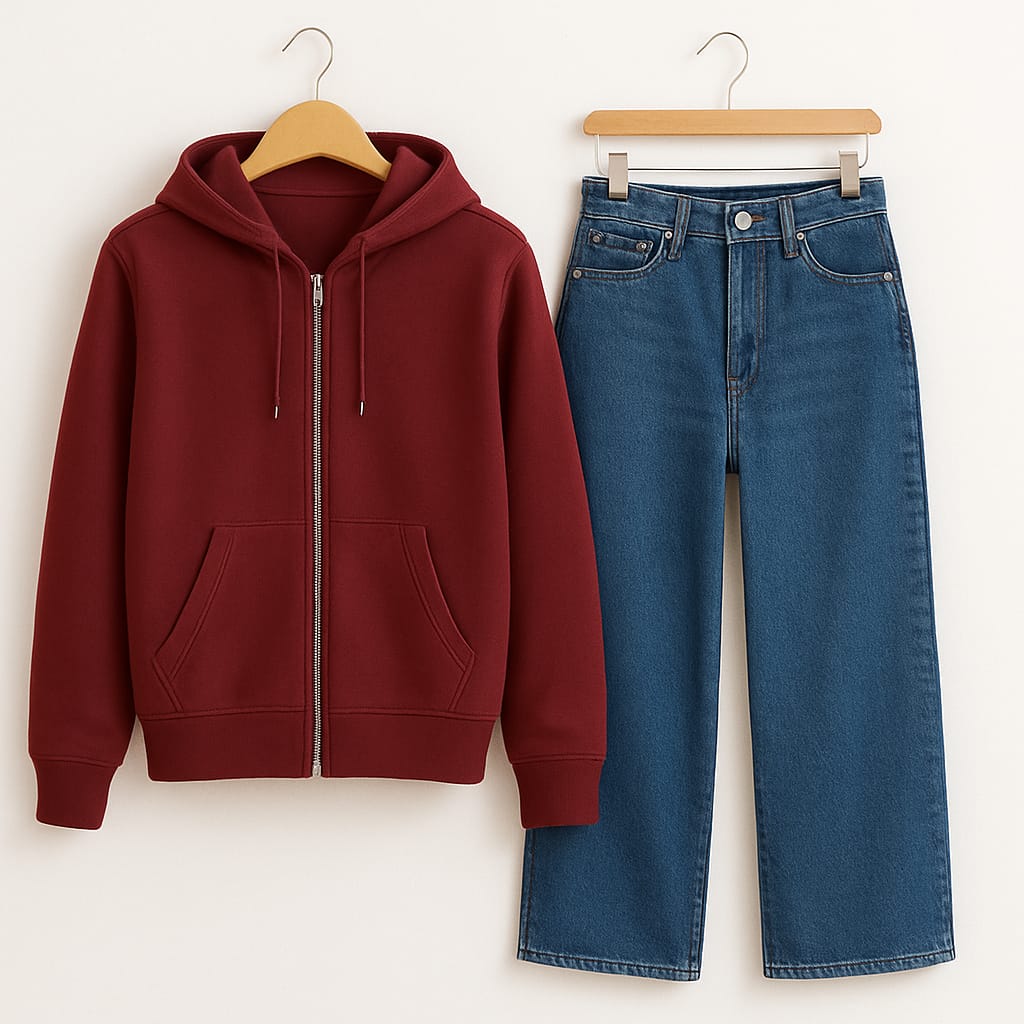 Zipper Hoodie With Mid Blue Wide Leg Jeans