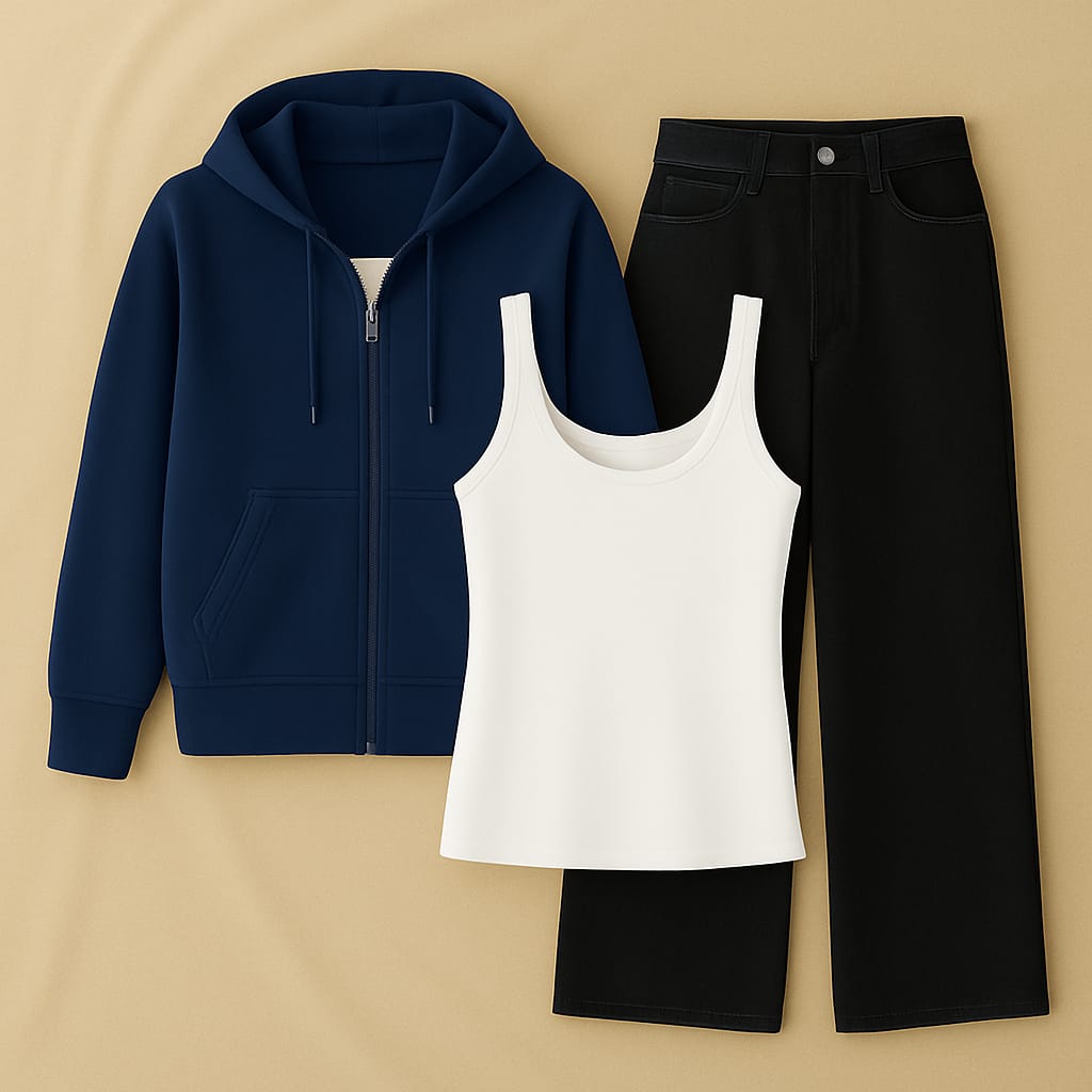 Navy Blue Zipper Hoodie With Inner & Black Wide Leg Jeans