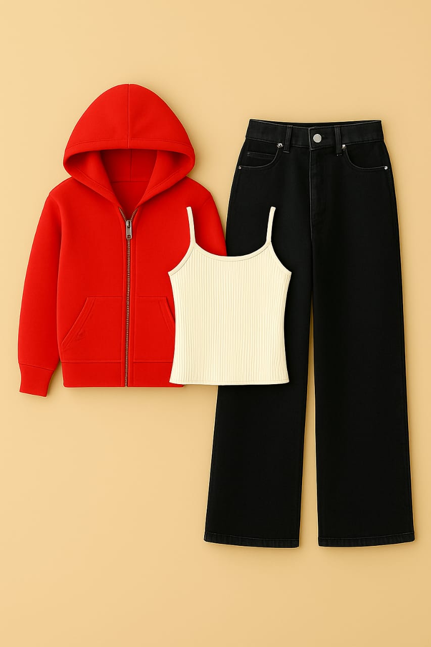 Zipper Hoodie With Inner & Black Wide Leg Jeans