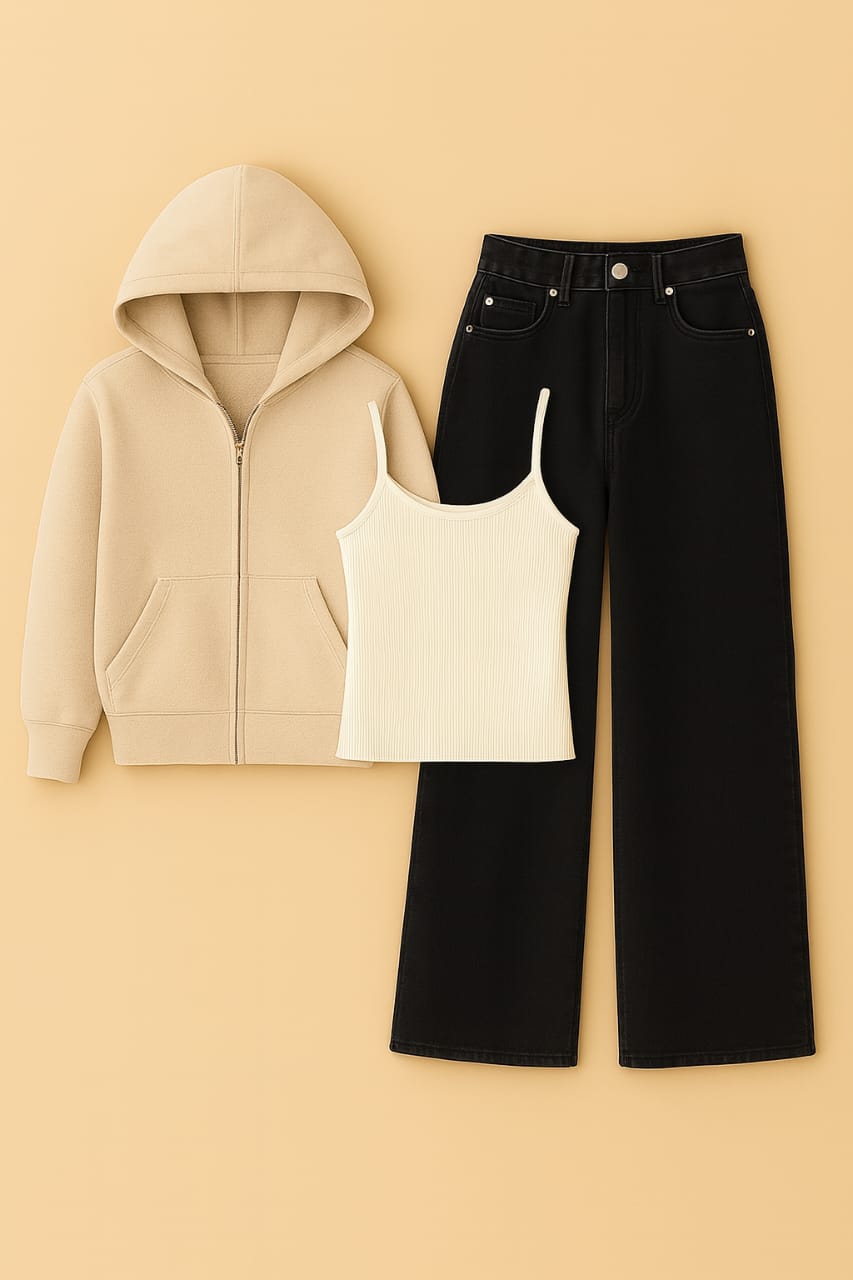 Zipper Hoodie With Inner & Black Wide Leg Jeans