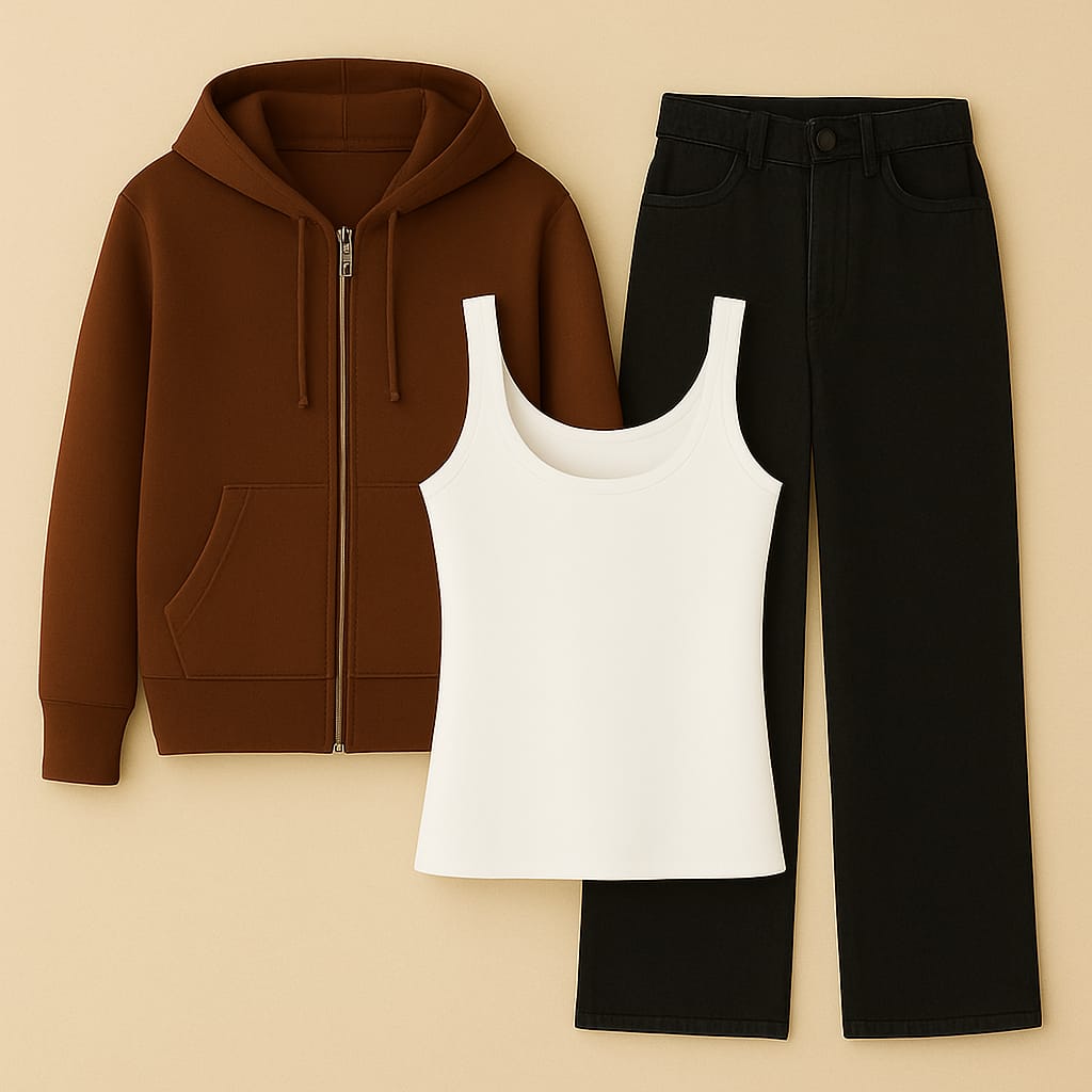 Zipper Hoodie With Inner & Black Wide Leg Jeans