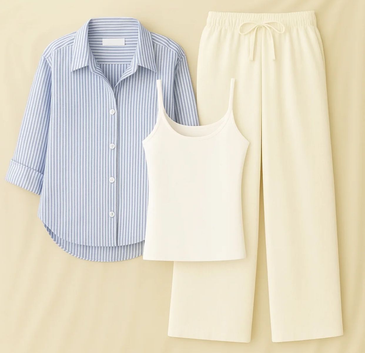 Striped Button Down Shirt With Inner & White Flapper Trouser