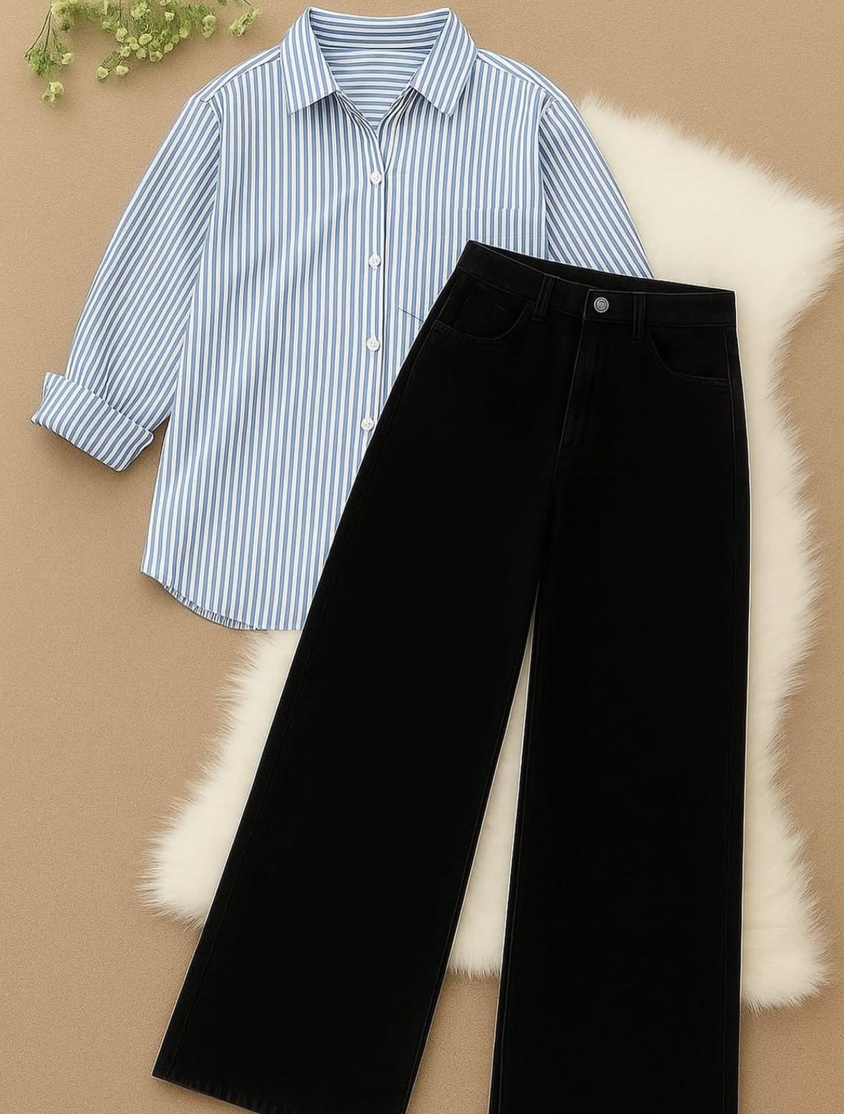 Striped Shirt with Black Wide-Leg Pants