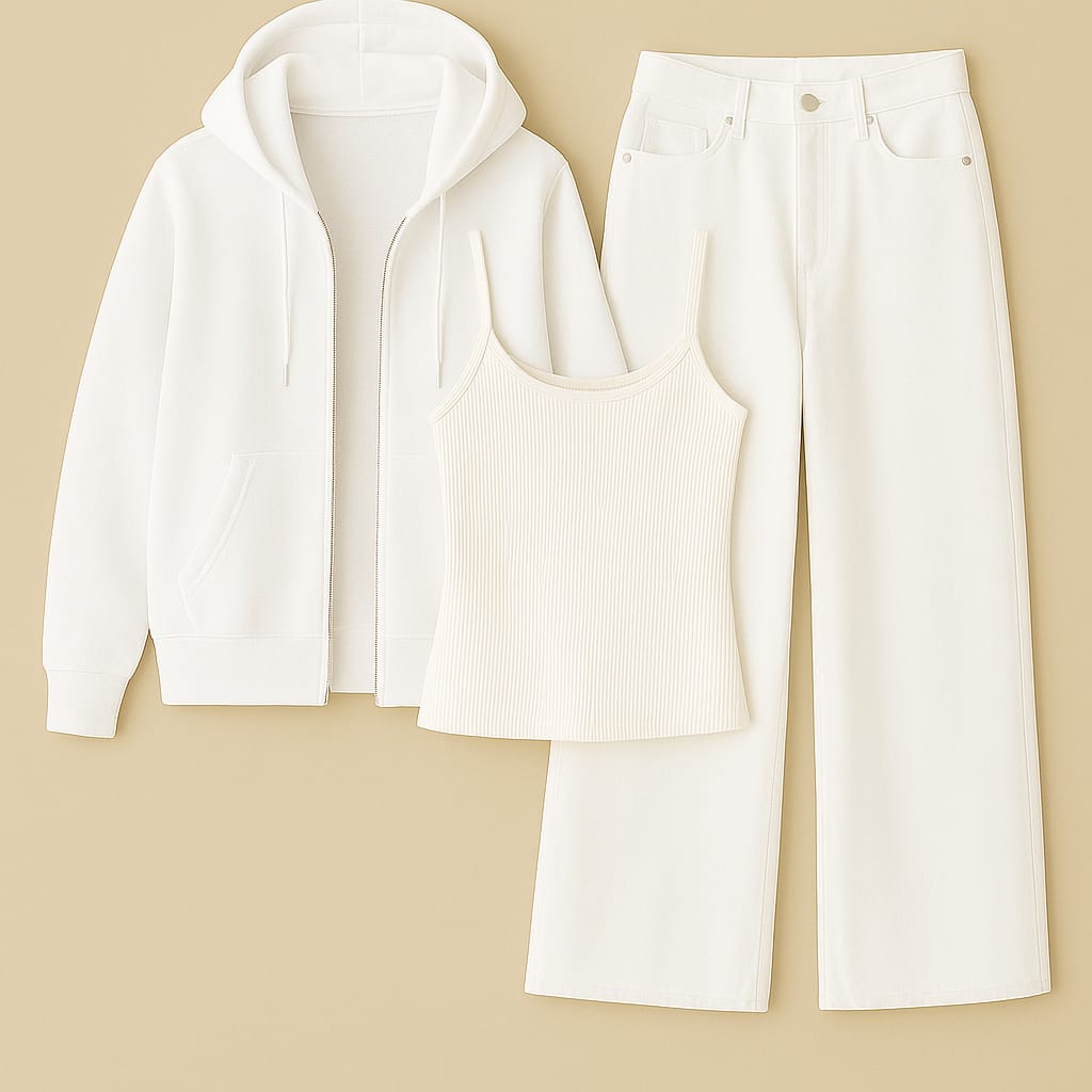 ZIipper Hoodie With Inner & White Wide Leg Jeans