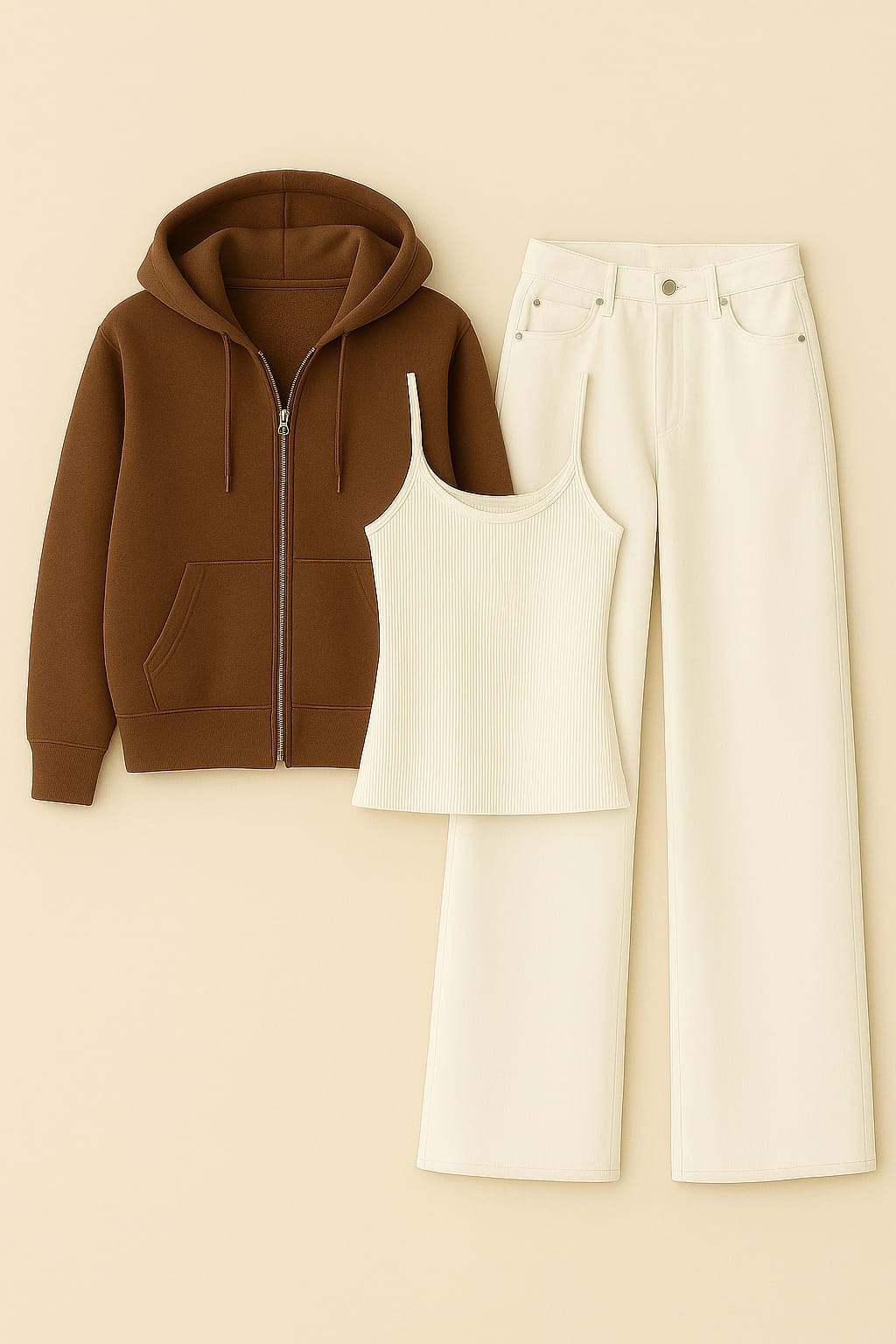 ZIipper Hoodie With Inner & White Wide Leg Jeans