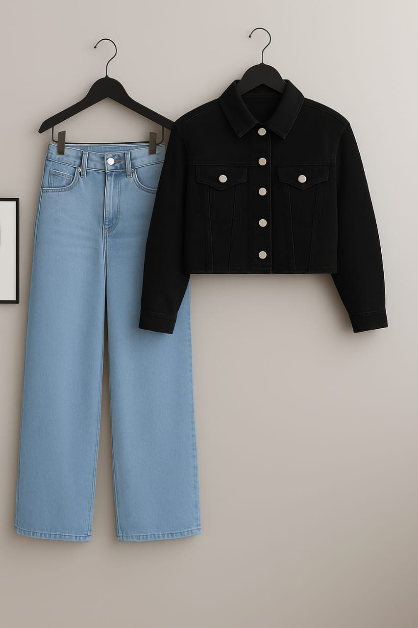 Black Crop Denim Jacket With IceBlue Wide Leg Jeans