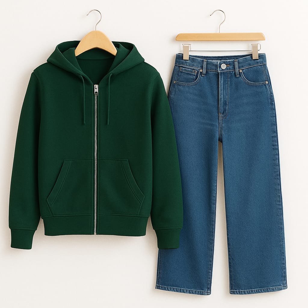 Zipper Hoodie With Mid Blue Wide Leg Jeans