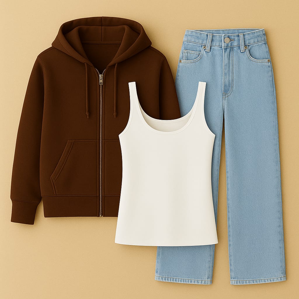 Zipper Hoodie With Inner & Ice Blue Wide Leg Jeans