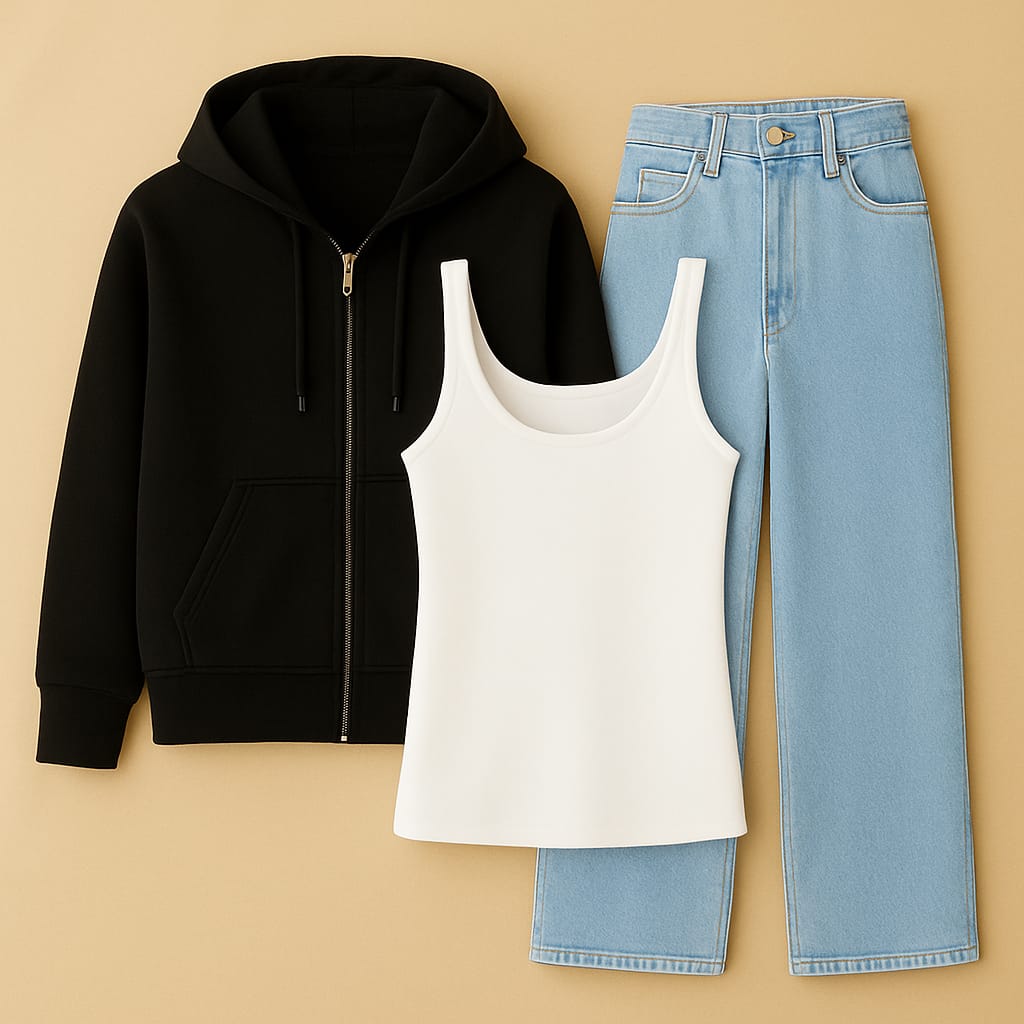 Zipper Hoodie With Inner & Ice Blue Wide Leg Jeans