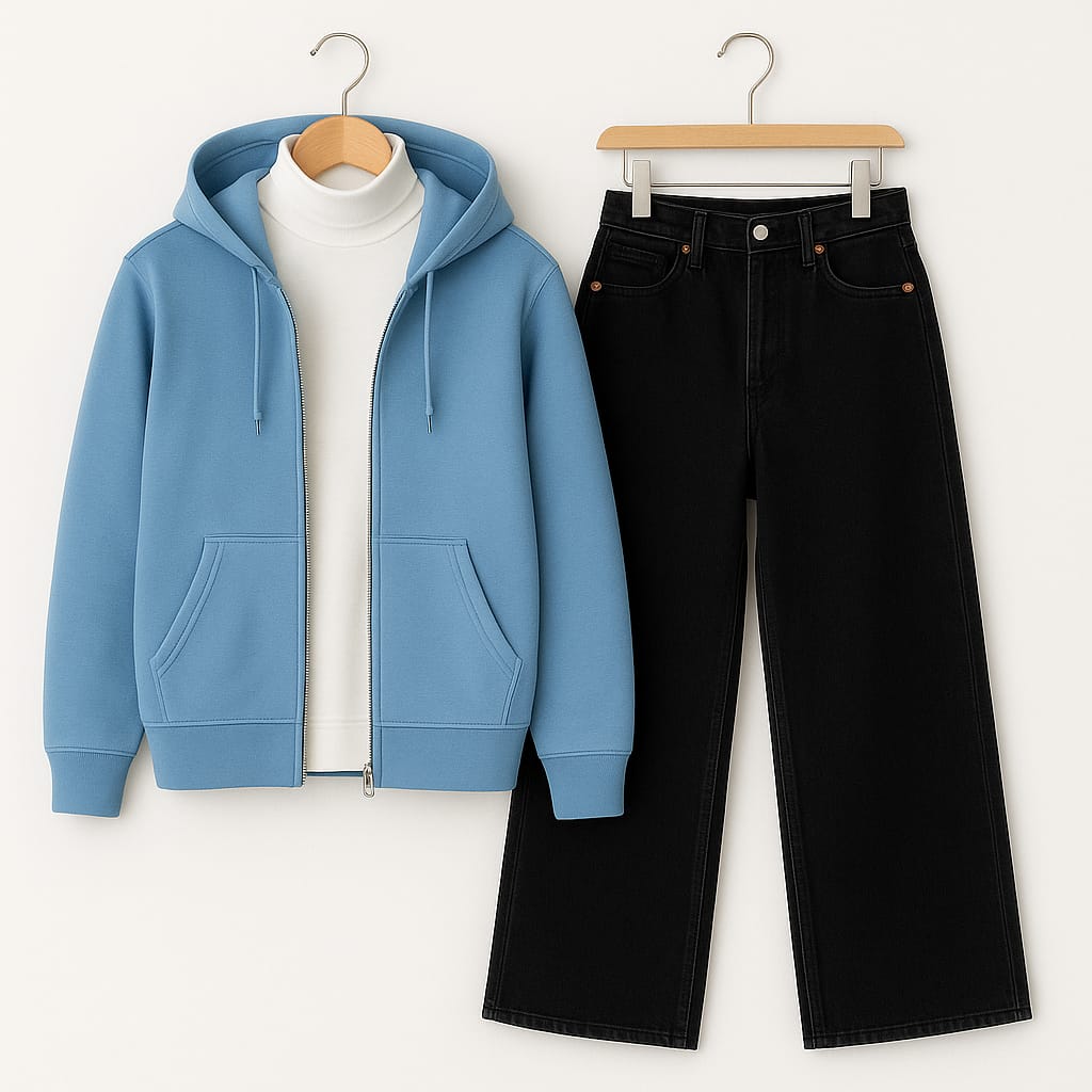 Zipper Hoodie with Highneck & Black Wide Leg Jeans