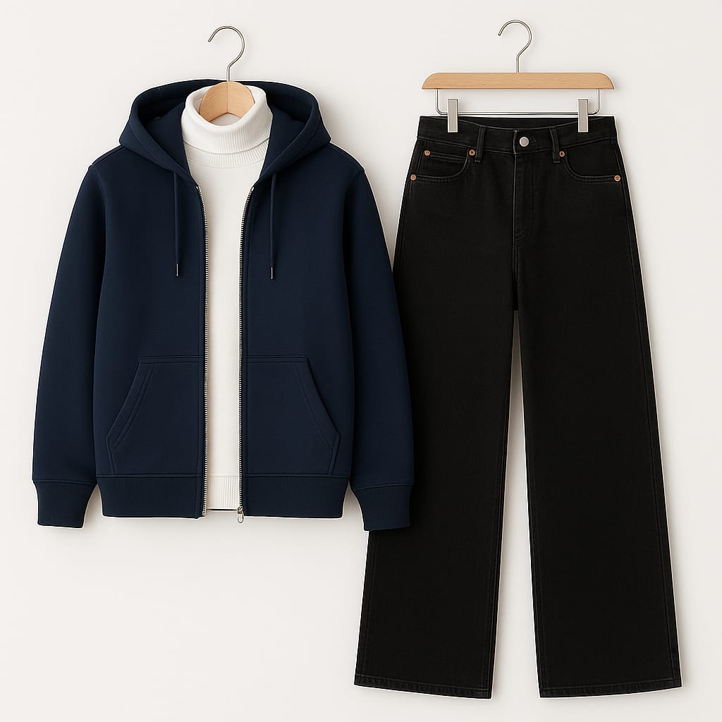 Zipper Hoodie with Highneck & Black Wide Leg Jeans