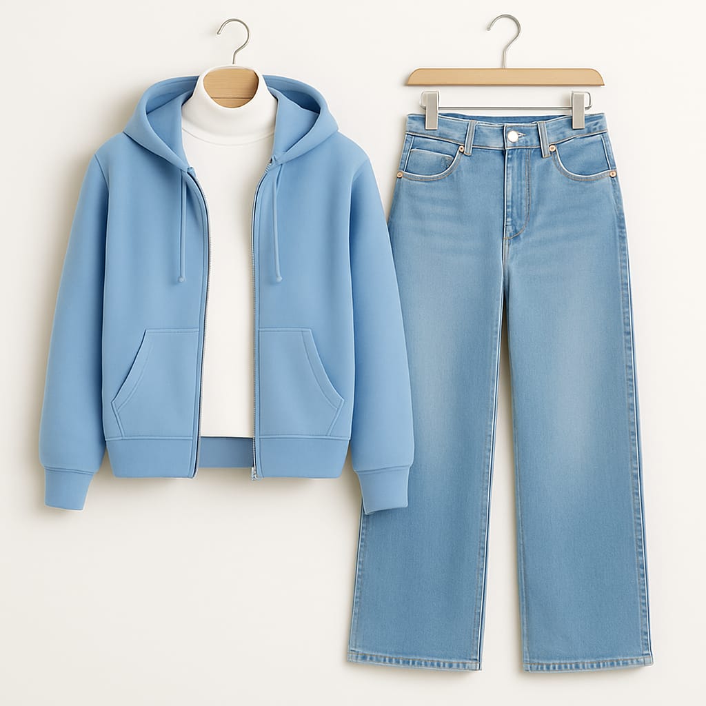 Zipper Hoodie with Highneck & IceBlue Wide Leg Jeans