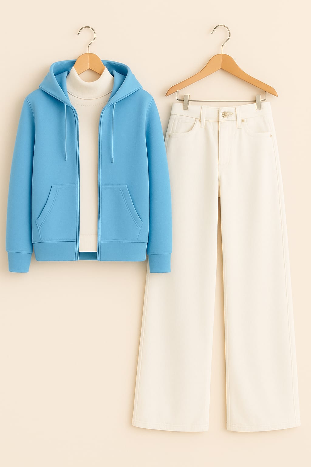 Zipper Hoodie with Highneck & White Wide Leg Jeans