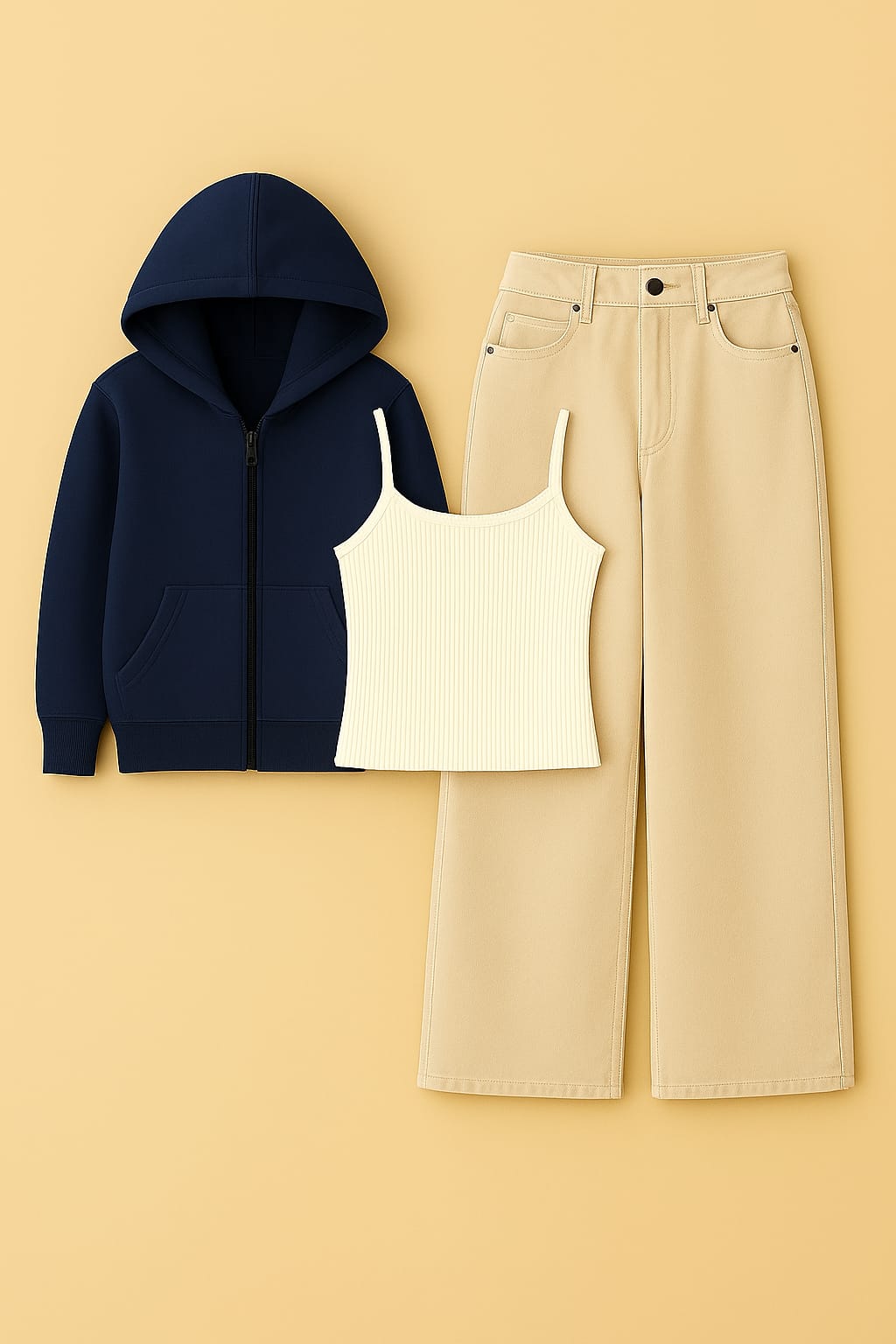 ZIipper Hoodie With Inner & Beige Wide Leg Jeans