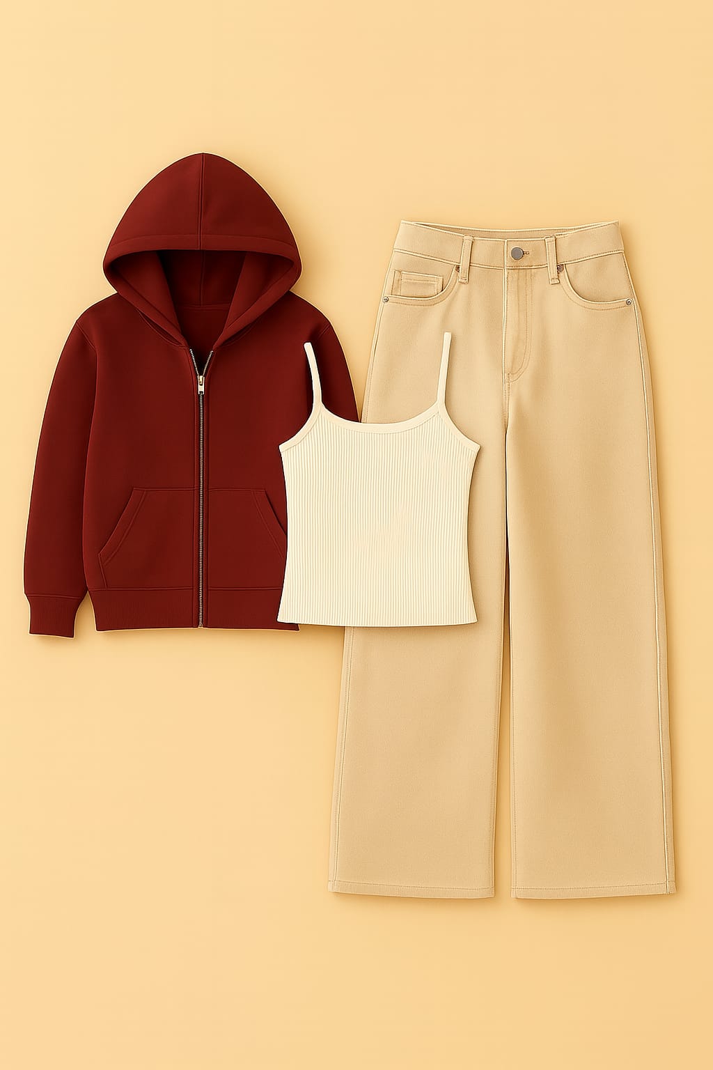 ZIipper Hoodie With Inner & Beige Wide Leg Jeans