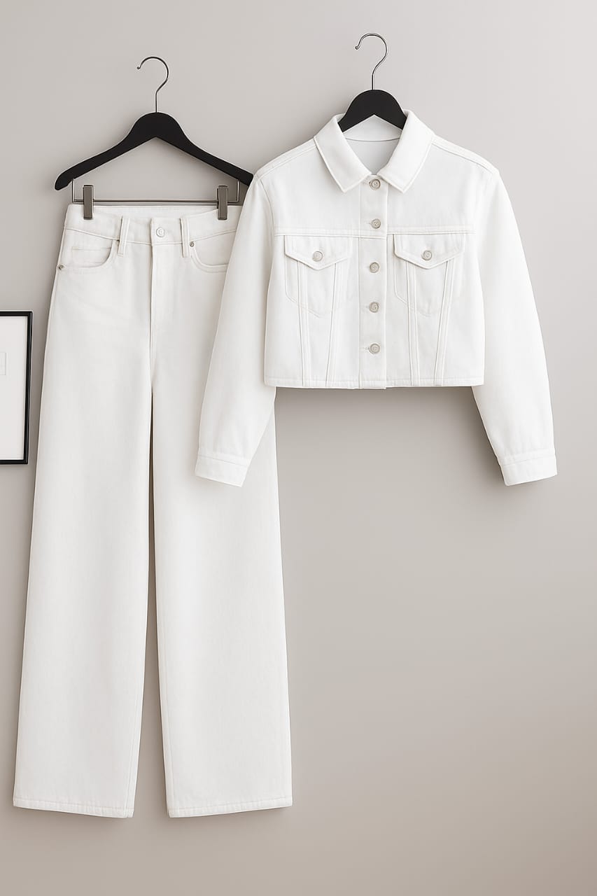 White Crop Denim Jacket With White Wide Leg Jeans