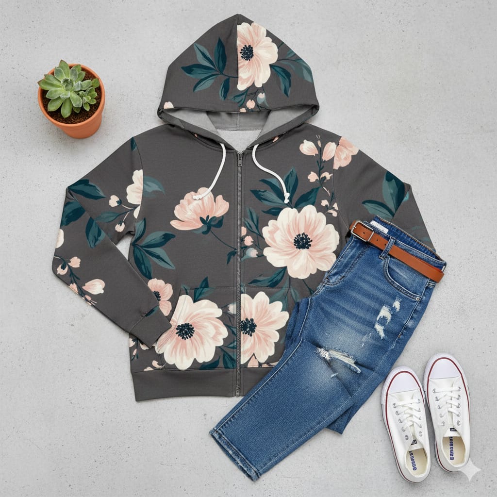 Printed zipper hoodie with jeans