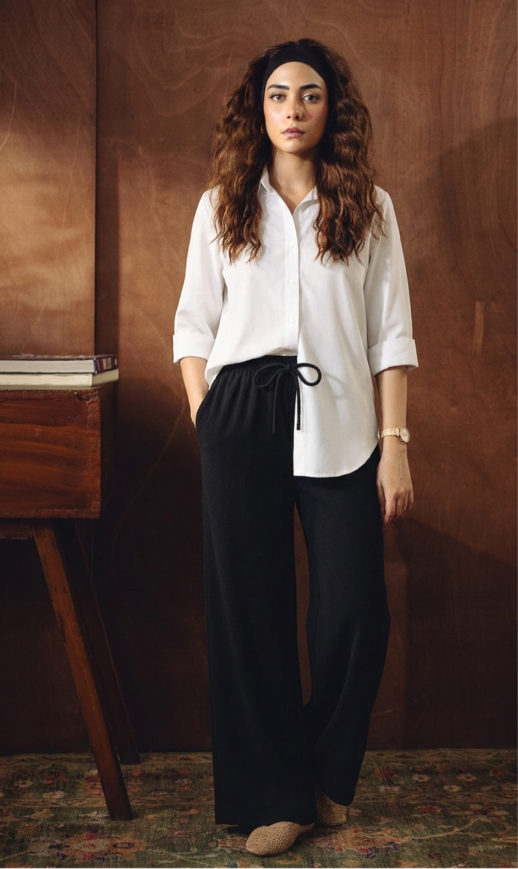 WHITE BUTTON DOWN SHIRT WITH BLACK FLAPPER TROUSER