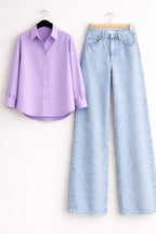 LILAC BUTTON DOWN SHIRT WITH ICEBLUE WIDE LEG JEANS