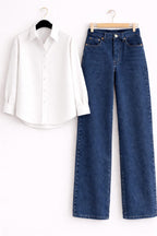 WHITE BUTTON DOWN SHIRT & MID-BLUE WIDE LEG JEANS