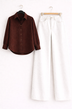 DARK-BROWN BUTTON DOWN SHIRT WITH WHITE WIDE LEG JEANS