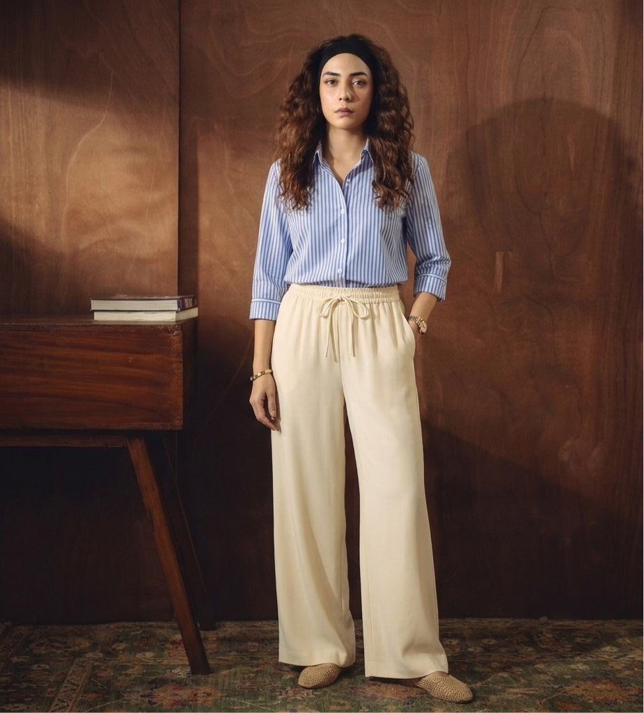 Blue Lining Button Down With White Flapper Trouser