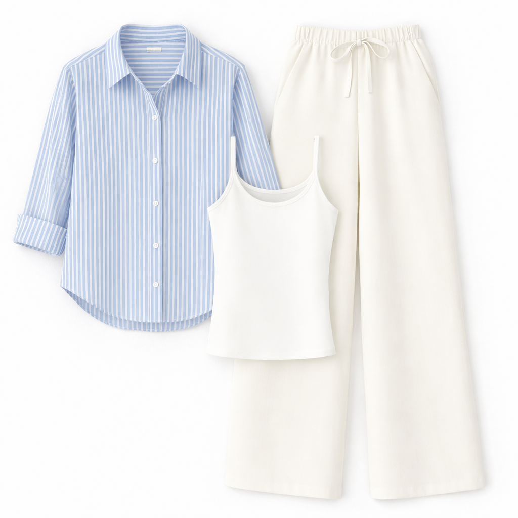 Blue Striped Button Down Shirt With Inner & White Flapper Trouser