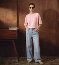 BABY PINK DROP TEE SHIRT WITH ICE-BLUE WIDE LEG JEANS