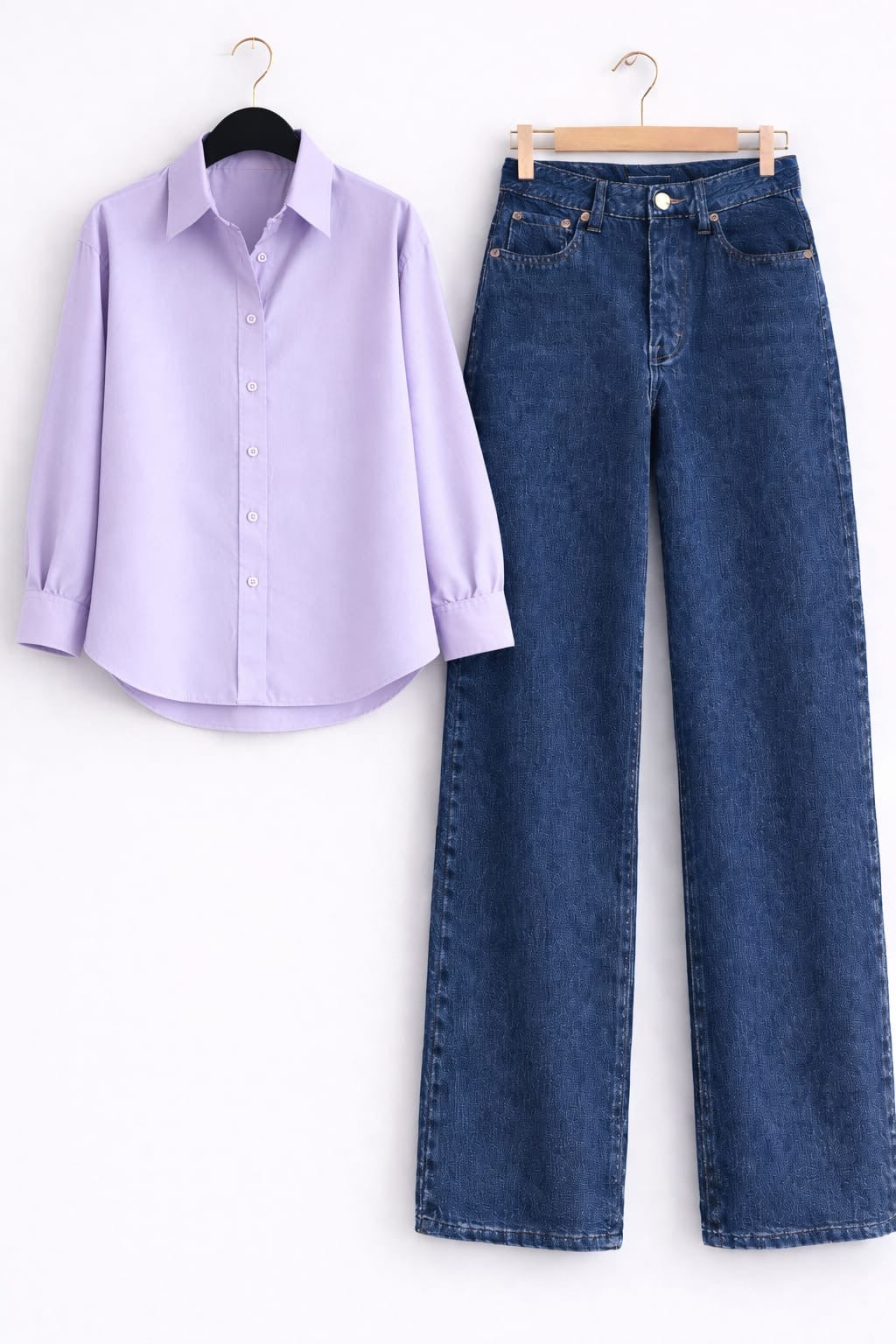 LILAC BUTTON DOWN SHIRT WITH MID-BLUE WIDE LEG JEANS