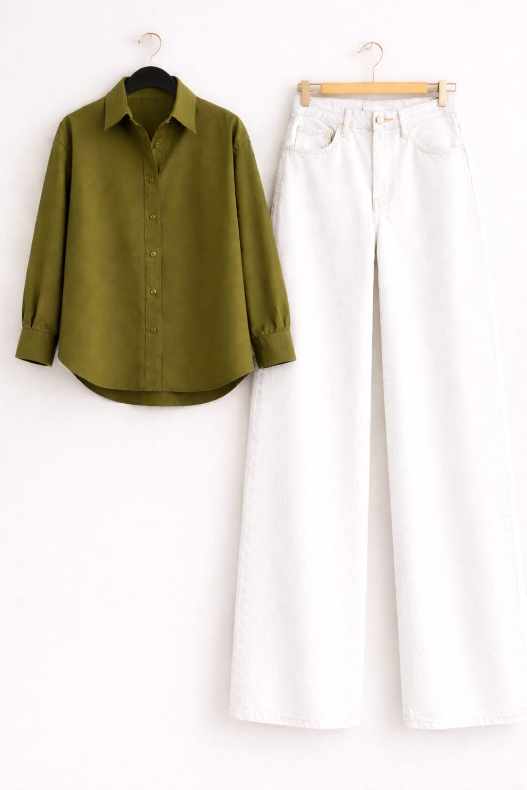 OLIVE-GREEN BUTTON DOWN SHIRT WITH WHITE WIDE LEG JEANS