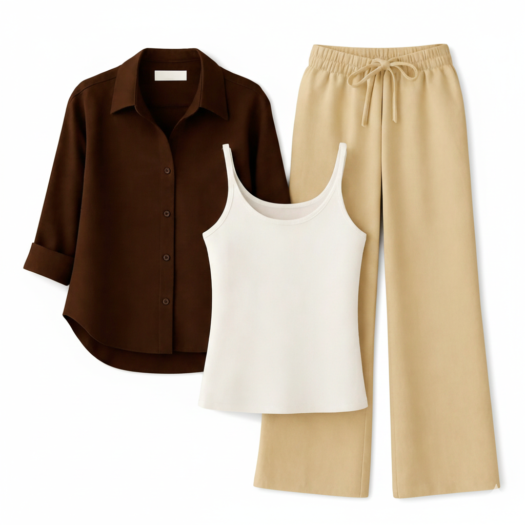 BROWN BUTTON DOWN SHIRT WITH INNER & BEIGE FLAPPER TROUSER