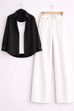 BLACK BUTTON DOWN SHIRT WITH WHITE INNER & WHITE WIDE LEG JEANS