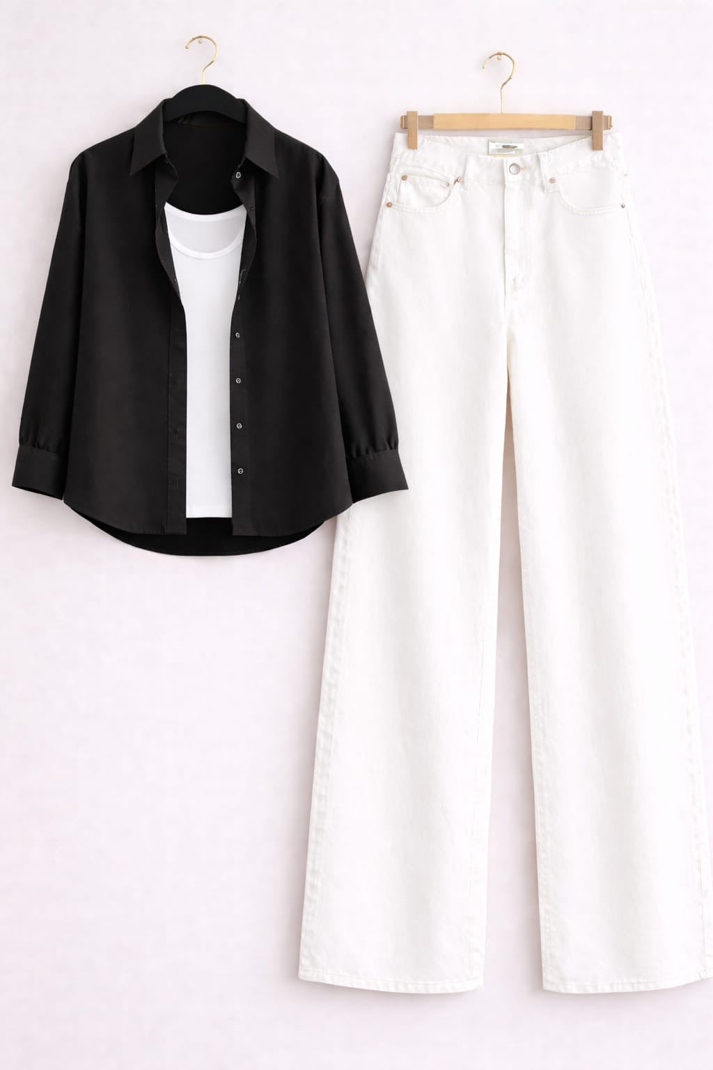 BLACK BUTTON DOWN SHIRT WITH WHITE INNER & WHITE WIDE LEG JEANS
