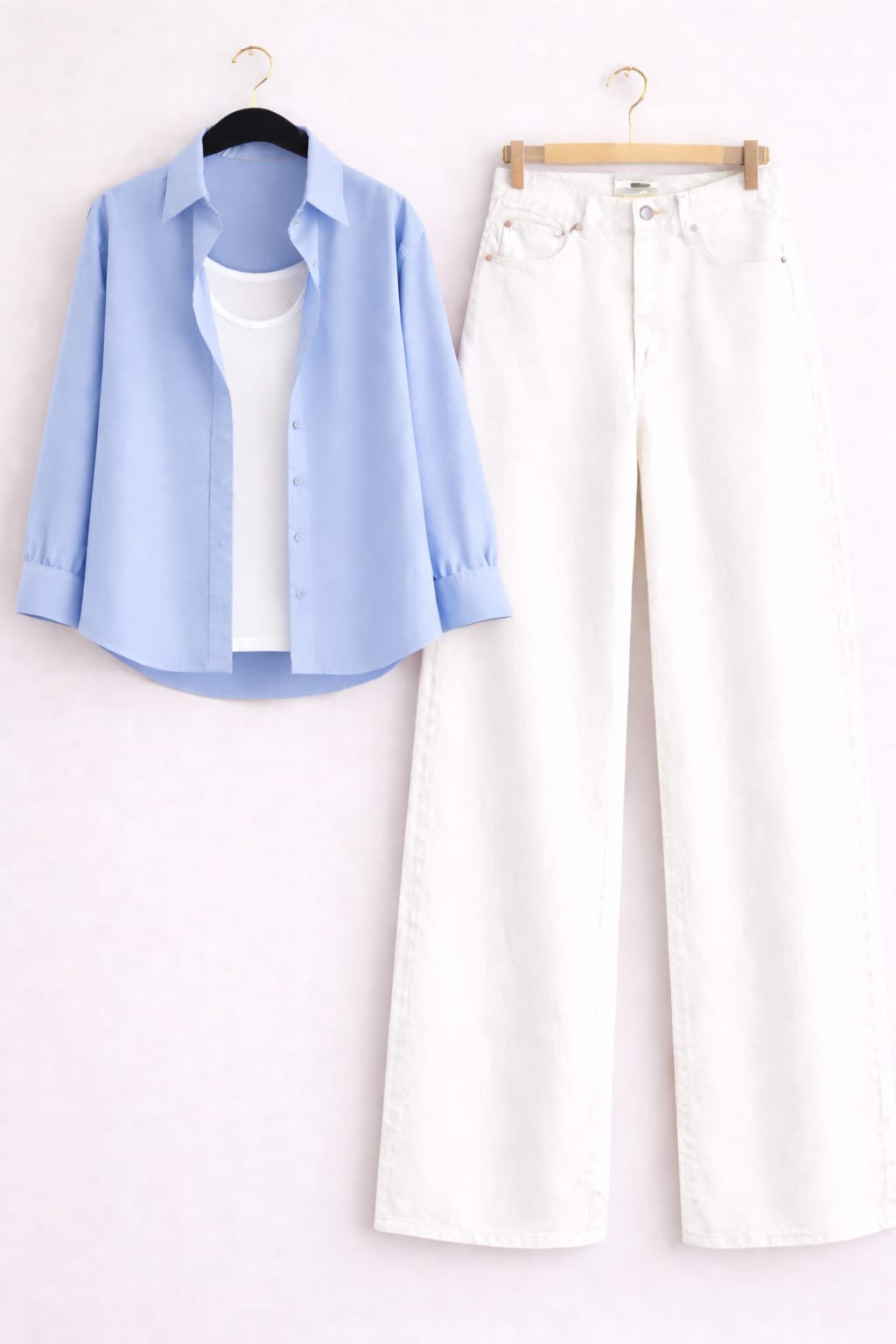 SKY BLUE BUTTON DOWN SHIRT WITH INNER & WHITE WIDE LEG JEANS