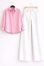 BABYPINK BUTTON DOWN SHIRT WITH WHITE WIDE LEG JEANS