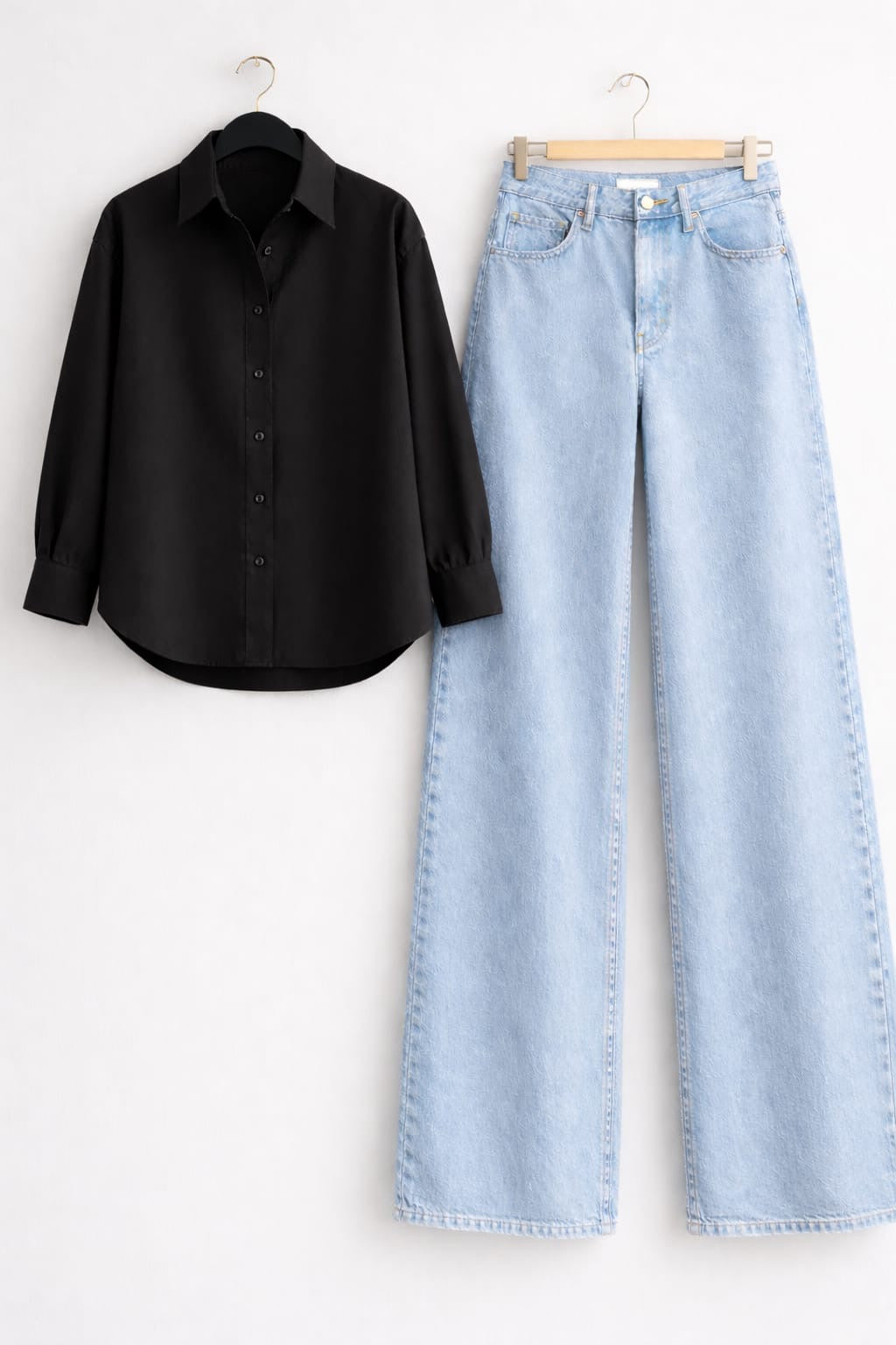 BLACK BUTTON DOWN SHIRT WITH ICEBLUE WIDE LEG JEANS