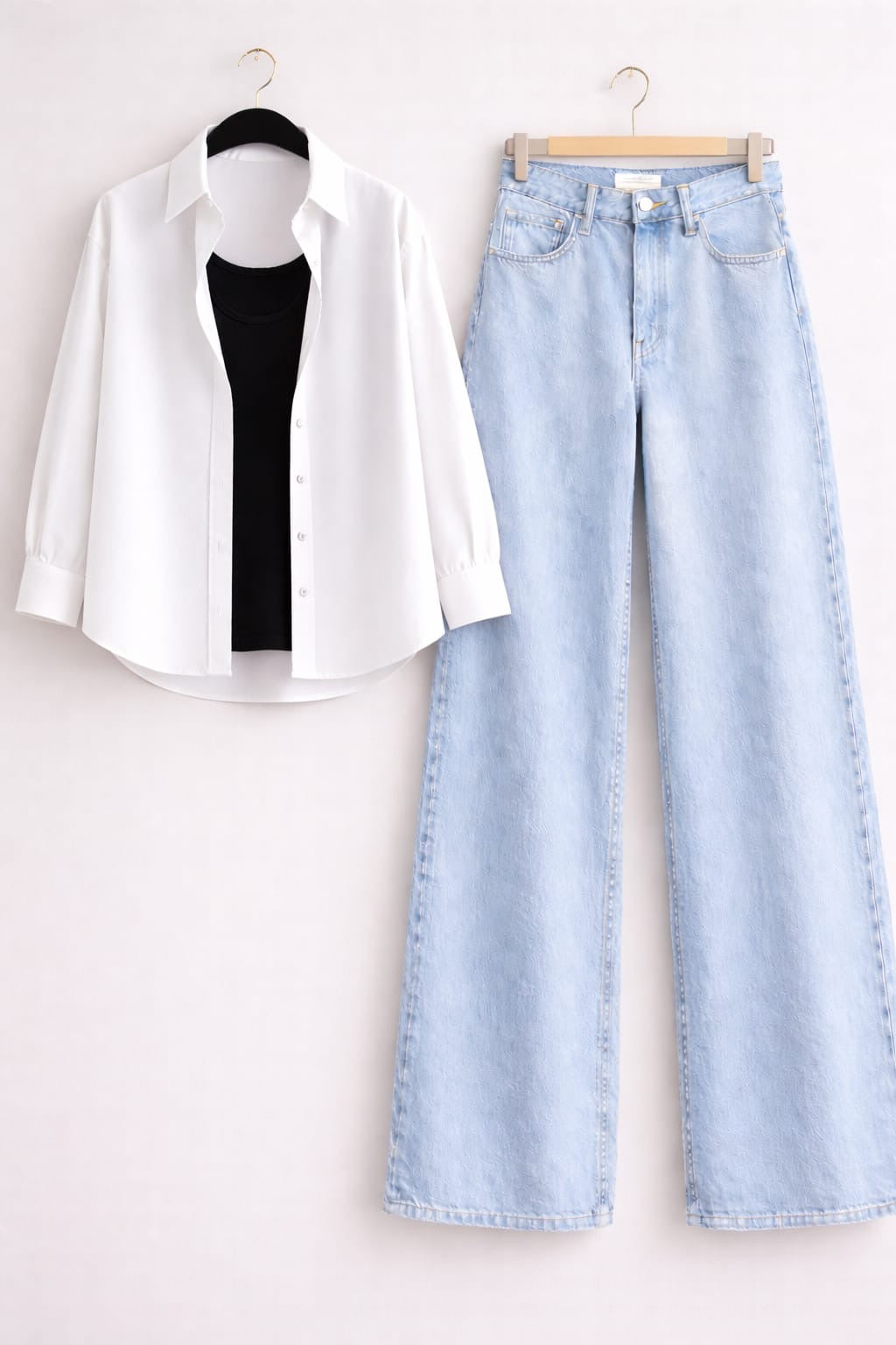 WHITE BUTTON DOWN SHIRT WITH BLACK INNER & ICE-BLUE WIDE LEG JEANS