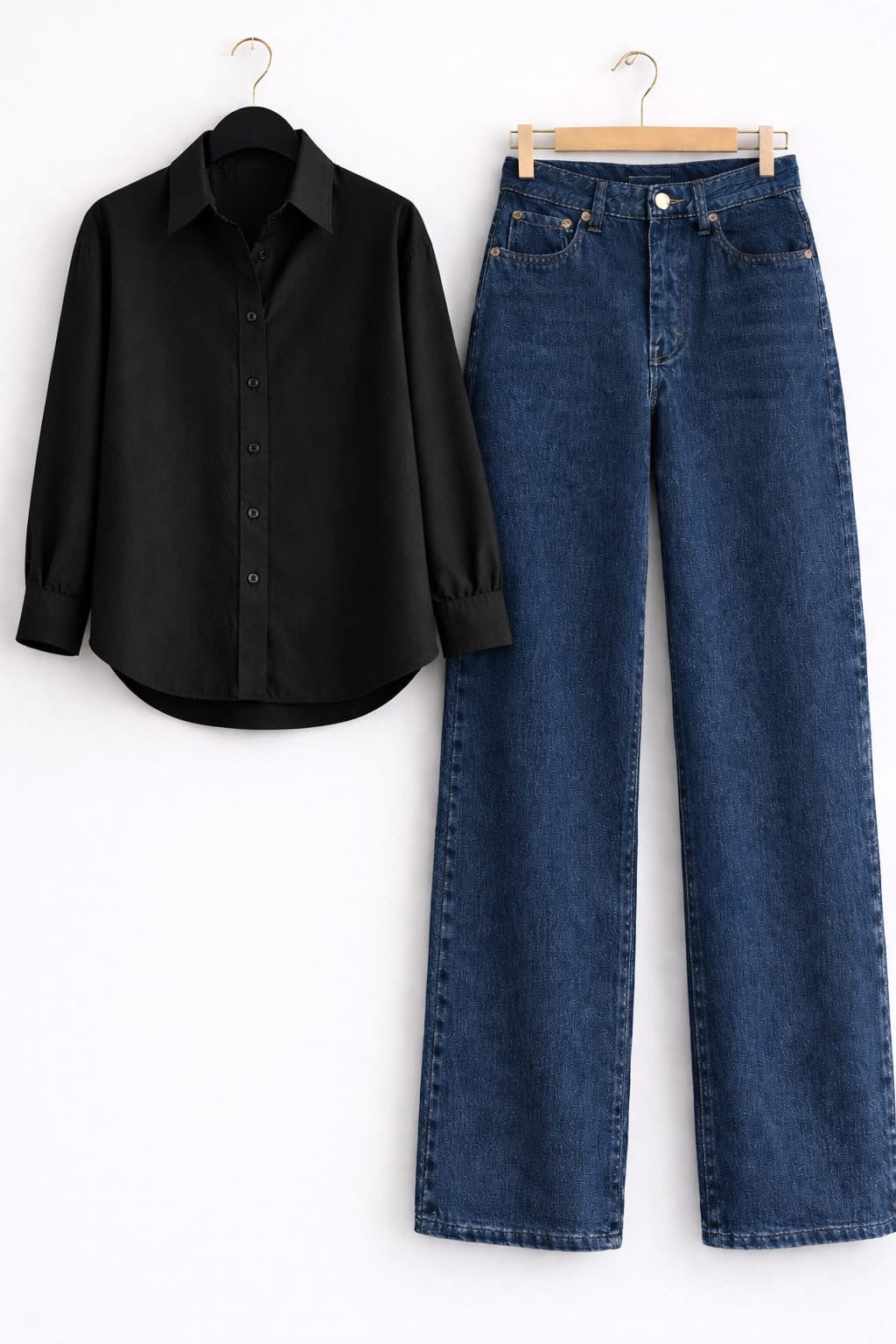 BLACK BUTTON DOWN SHIRT WITH MID-BLUE WIDE LEG JEANS